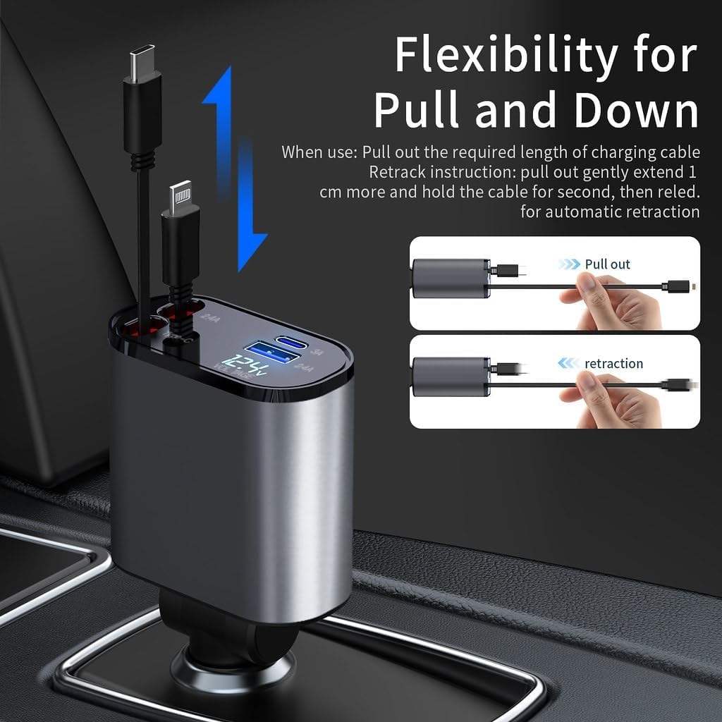 4-in-1 Digital Fast Charging Car USB Charger - 100W, Scalable, Type-C, Aluminum Alloy, Silver