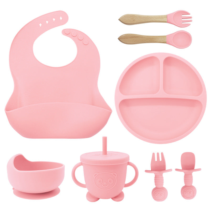 8-Piece Silicone Baby Tableware Set - Bib, Suction Plate, Bowl, Spoon & Fork - Leakproof, BPA-Free