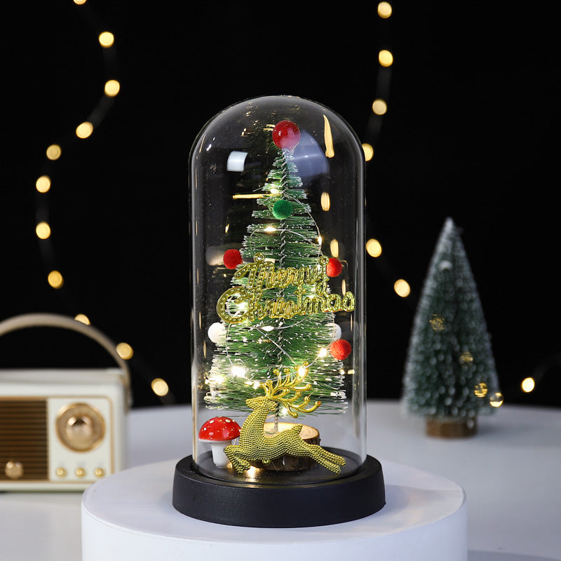 Christmas Gift LED Light Illumination Decorative Ornament Mini Christmas Tree Deer Glass Cover