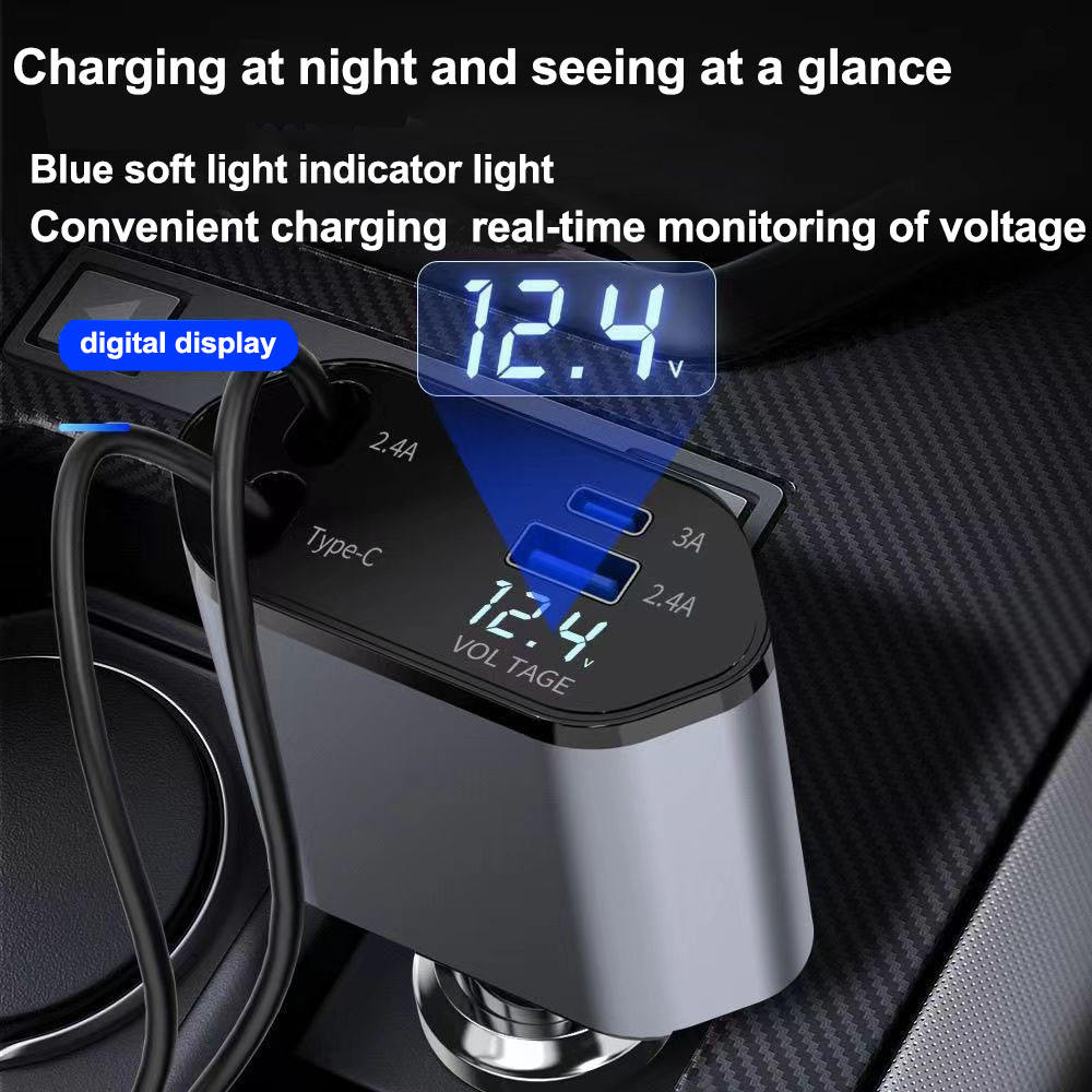 4-in-1 Digital Fast Charging Car USB Charger - 100W, Scalable, Type-C, Aluminum Alloy, Silver