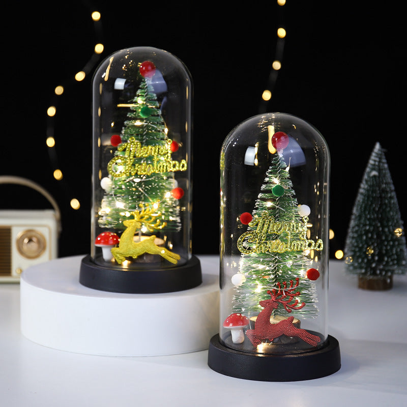 Christmas Gift LED Light Illumination Decorative Ornament Mini Christmas Tree Deer Glass Cover