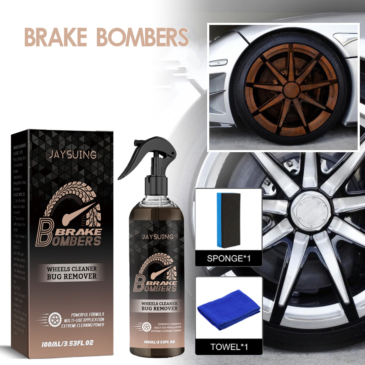 Car Brake Cleaner & Hub Polishing Spray - Powerful Rust Removal, Sodium Percarbonate & Lemon Extract