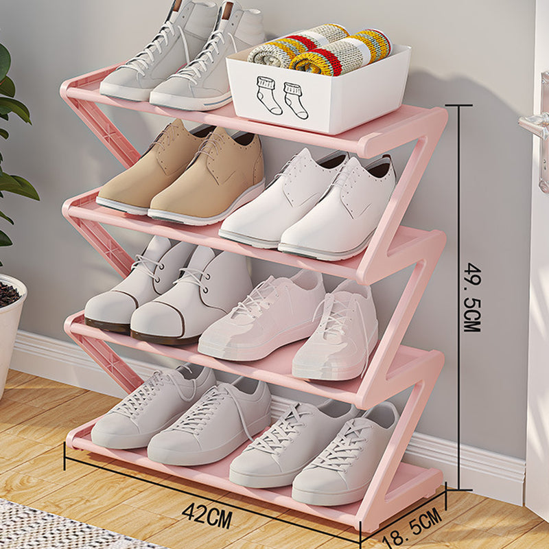 Z-shaped 4-layer shoe organizer: space-saving, wall/corner-mount, stackable, adjustable storage shelf.