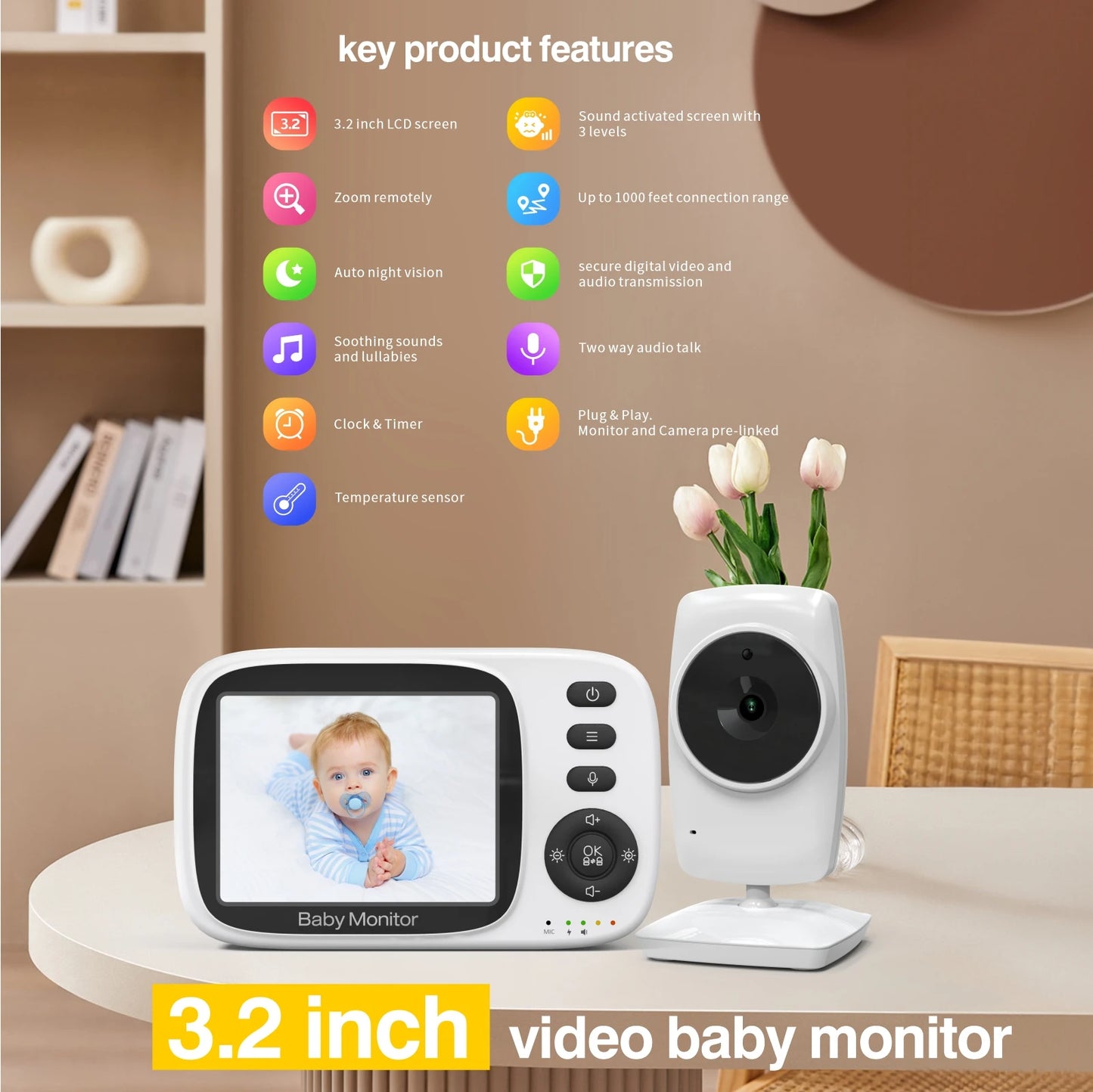 Wireless Video Baby Monitor - 3.2” LCD, 2-Way Audio, Night Vision, Temperature Sensor, 260m Range