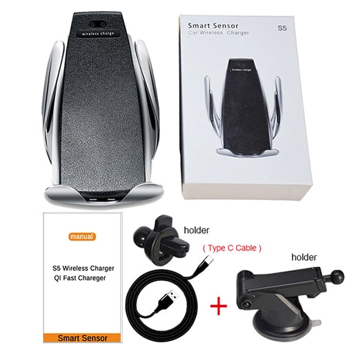 10W Wireless Car Charger S5 Automatic Clamping Fast Charging Phone Holder Mount in Car for iPhone xr Huawei Samsung Smart Phone