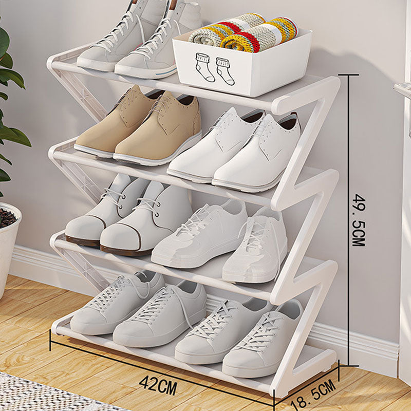 Z-shaped 4-layer shoe organizer: space-saving, wall/corner-mount, stackable, adjustable storage shelf.