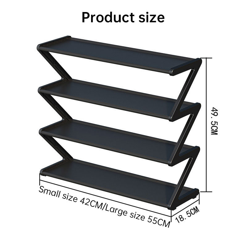 Z-shaped 4-layer shoe organizer: space-saving, wall/corner-mount, stackable, adjustable storage shelf.