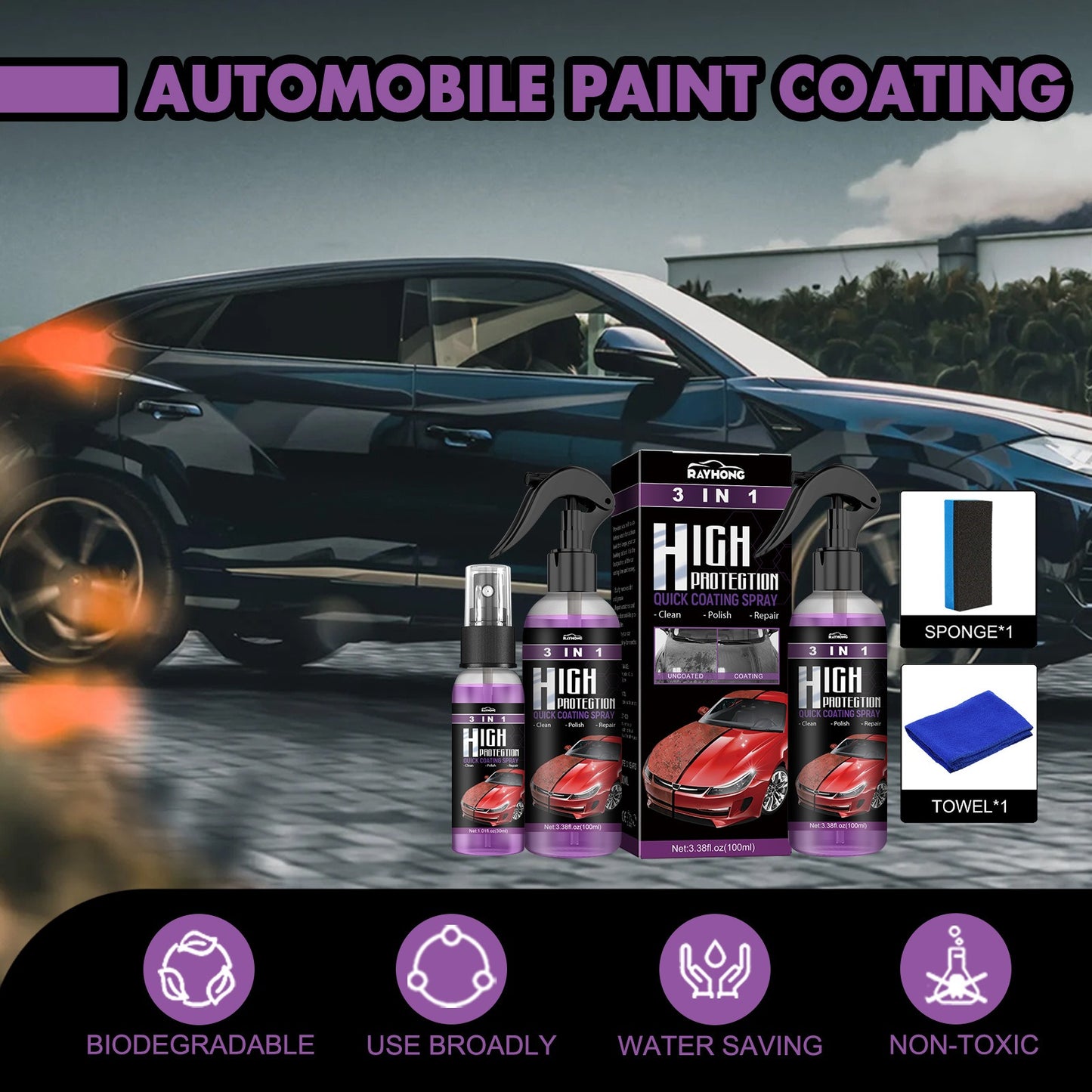 3-in-1 Fast Car Paint Coating Spray - High Protection, Color Change, Cleaning