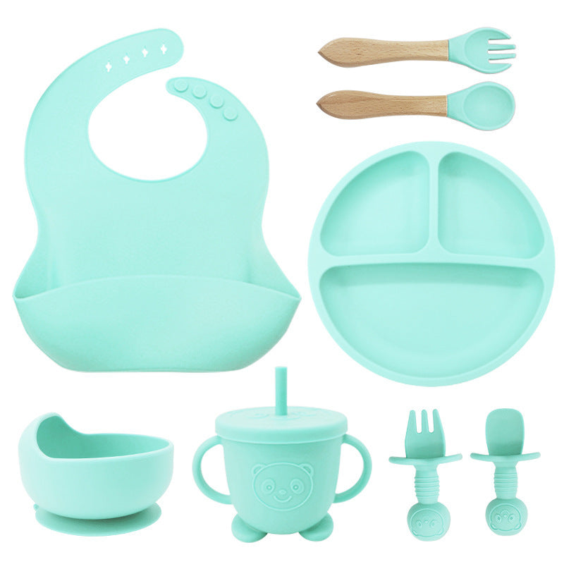 8-Piece Silicone Baby Tableware Set - Bib, Suction Plate, Bowl, Spoon & Fork - Leakproof, BPA-Free