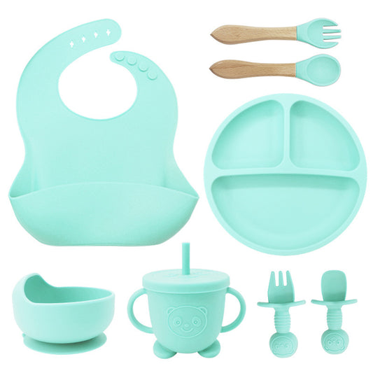 8-Piece Silicone Baby Tableware Set - Bib, Suction Plate, Bowl, Spoon & Fork - Leakproof, BPA-Free
