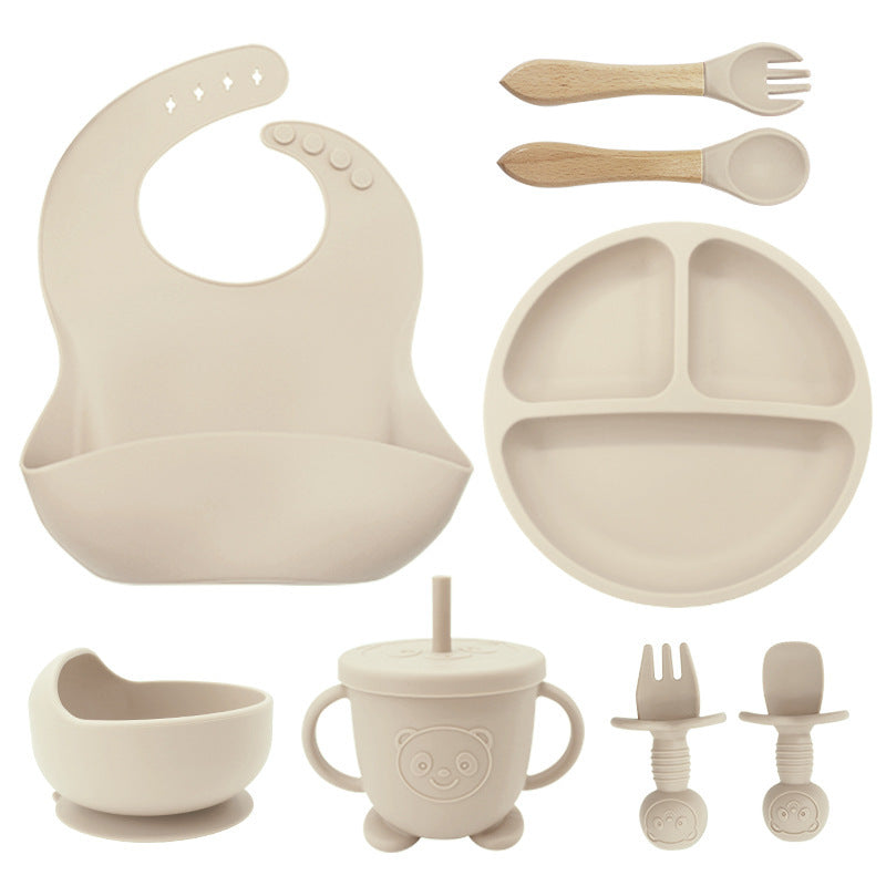 8-Piece Silicone Baby Tableware Set - Bib, Suction Plate, Bowl, Spoon & Fork - Leakproof, BPA-Free