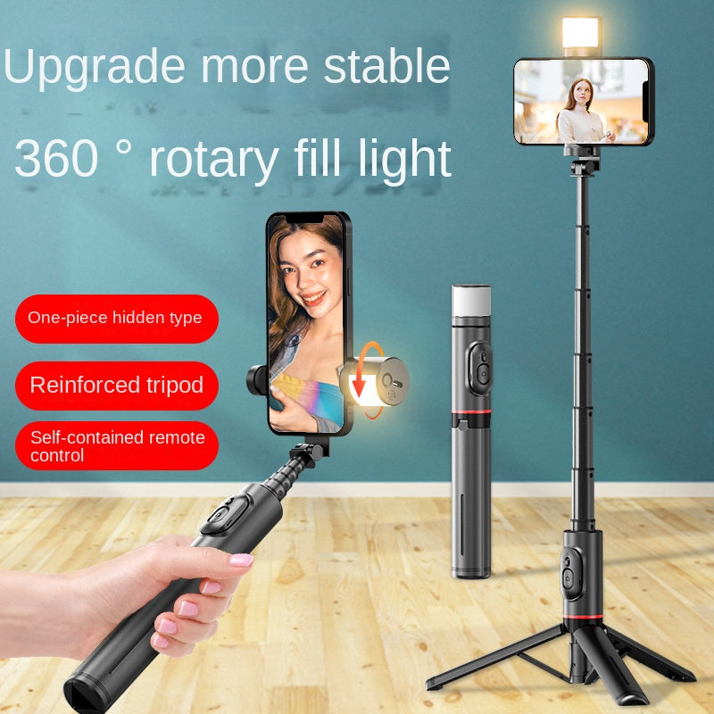 Mobile Phone Bluetooth Selfie Stick with Rotating Fill Light and Hidden Tripod Live Streaming Stand
