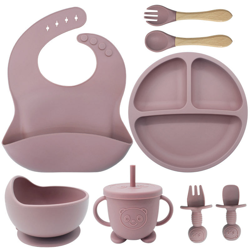 8-Piece Silicone Baby Tableware Set - Bib, Suction Plate, Bowl, Spoon & Fork - Leakproof, BPA-Free