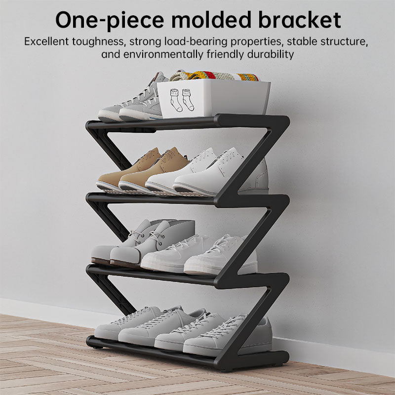 Z-shaped 4-layer shoe organizer: space-saving, wall/corner-mount, stackable, adjustable storage shelf.