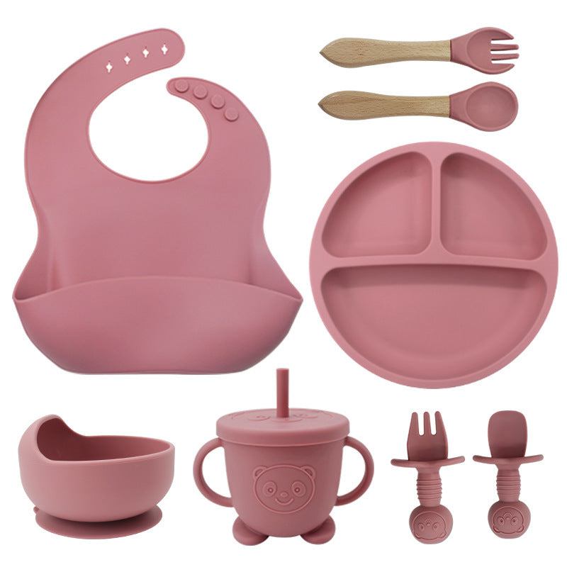 8-Piece Silicone Baby Tableware Set - Bib, Suction Plate, Bowl, Spoon & Fork - Leakproof, BPA-Free