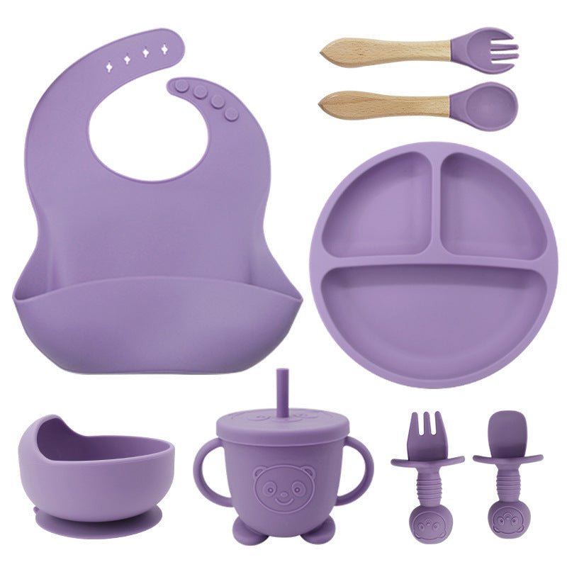 8-Piece Silicone Baby Tableware Set - Bib, Suction Plate, Bowl, Spoon & Fork - Leakproof, BPA-Free