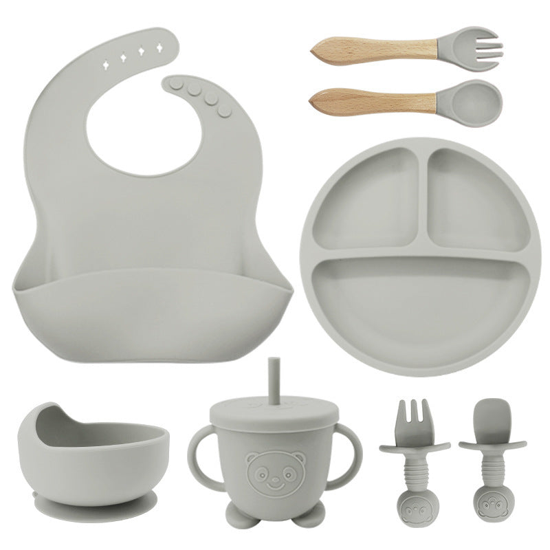 8-Piece Silicone Baby Tableware Set - Bib, Suction Plate, Bowl, Spoon & Fork - Leakproof, BPA-Free