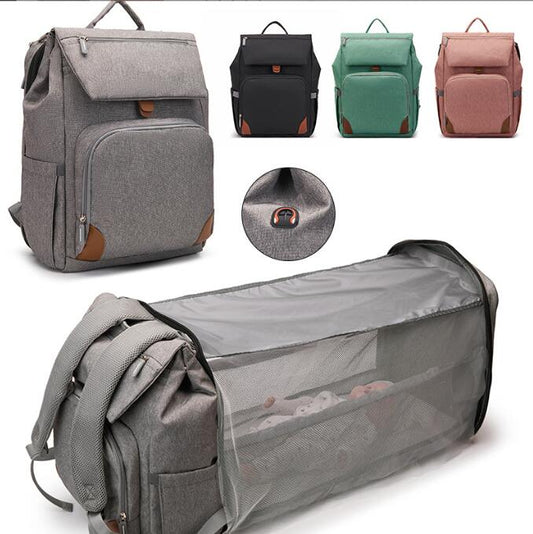 Convertible Mommy Bag with Mosquito Net - Waterproof Diaper Backpack, Portable Baby Bed, Large Capacity