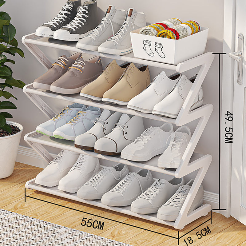 Z-shaped 4-layer shoe organizer: space-saving, wall/corner-mount, stackable, adjustable storage shelf.