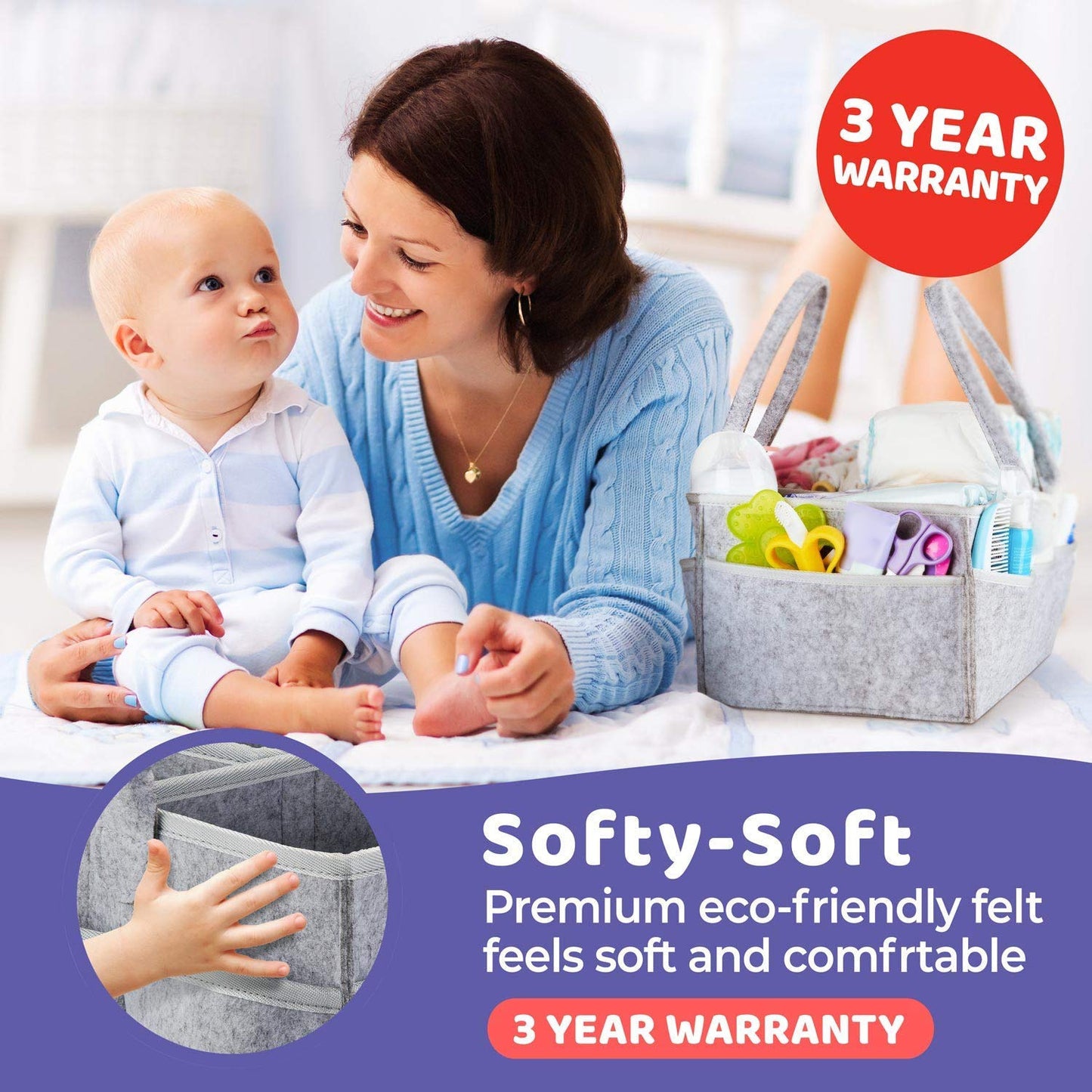 Extra-Large Baby Diaper Caddy Organizer - Portable Felt Nursery, Car & Changing Table Storage Bin