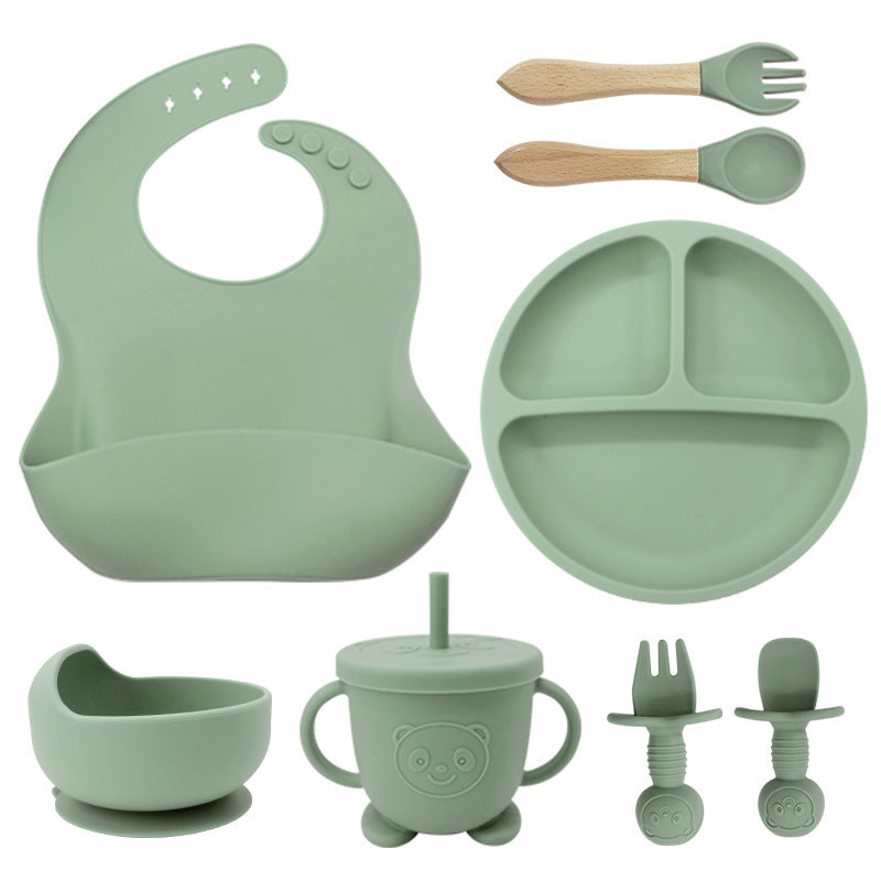 8-Piece Silicone Baby Tableware Set - Bib, Suction Plate, Bowl, Spoon & Fork - Leakproof, BPA-Free