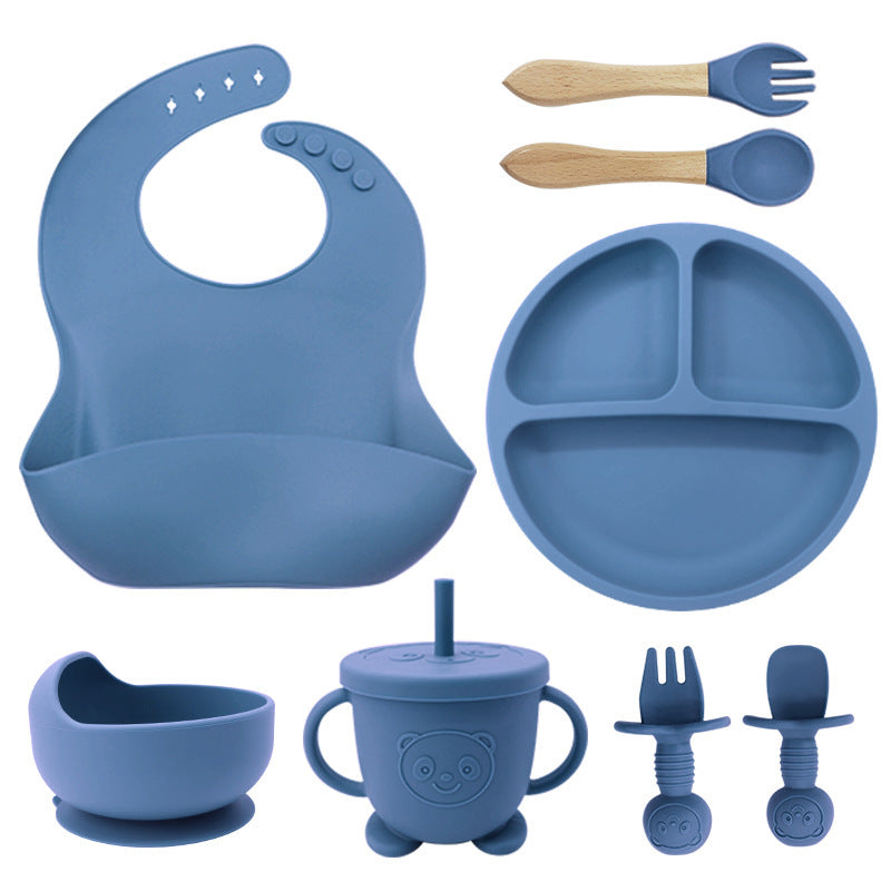 8-Piece Silicone Baby Tableware Set - Bib, Suction Plate, Bowl, Spoon & Fork - Leakproof, BPA-Free