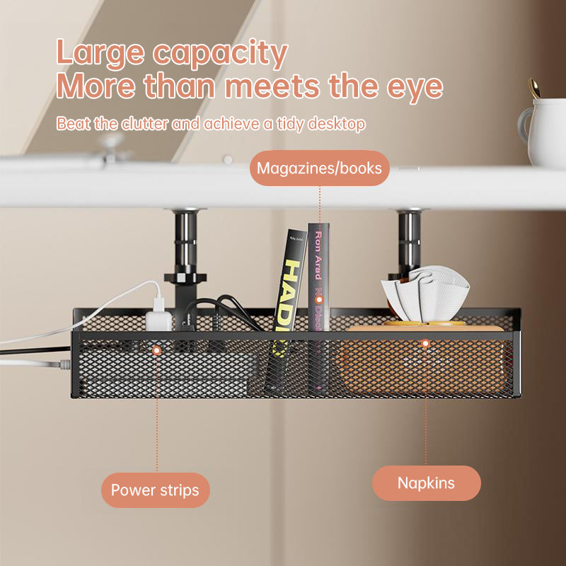 No-drill under-desk cord rack: metal mesh, high-load cable holder.