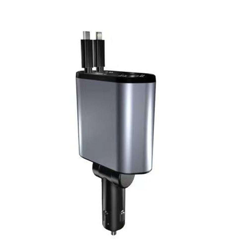 4-in-1 Digital Fast Charging Car USB Charger - 100W, Scalable, Type-C, Aluminum Alloy, Silver