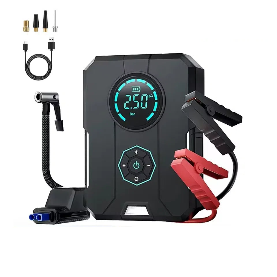 Car Mounted Tire Inflator & Jump Starter - Emergency 12V, USB Rechargeable, 80W
