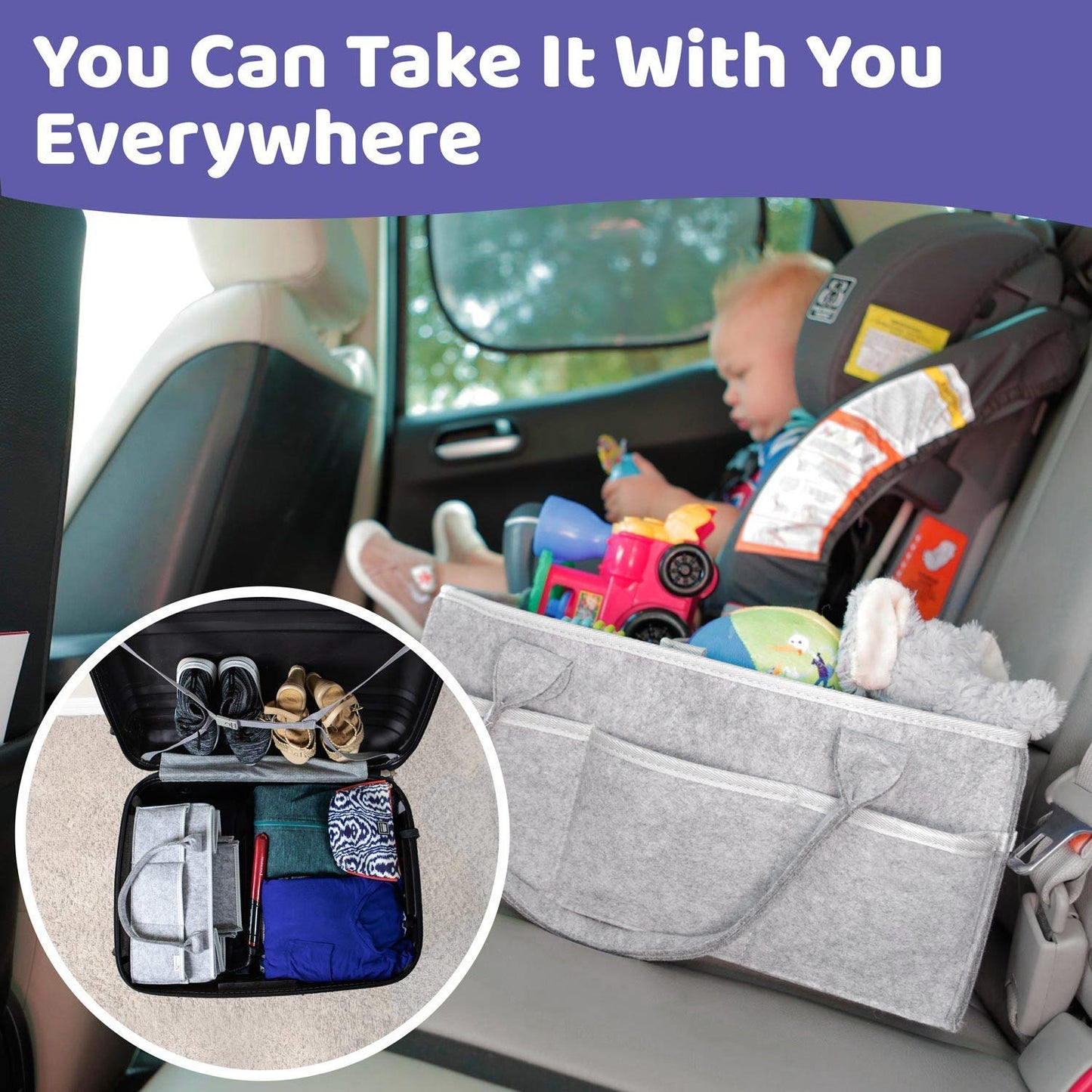 Extra-Large Baby Diaper Caddy Organizer - Portable Felt Nursery, Car & Changing Table Storage Bin