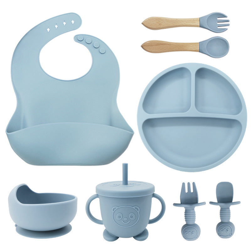 8-Piece Silicone Baby Tableware Set - Bib, Suction Plate, Bowl, Spoon & Fork - Leakproof, BPA-Free