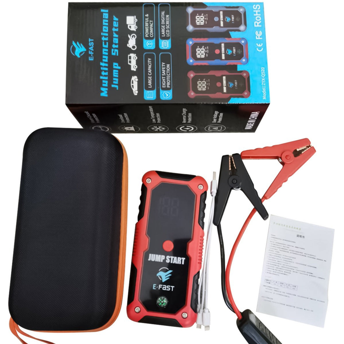 ZYX-Q520 Portable Jump Starter & Power Bank - 12V, 20000mAh, 1000A Start - 2000A Peak, Dual USB